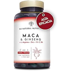 Maca Andina + Gingseng + L Arginina. Triple Energía. Zinc, Vitamina C y B. Rendimiento deportivo. Reduce Cansancio y Fatiga. Antioxidante. 120 cápsulas. CE. Vegano. N2 Natural Nutrition