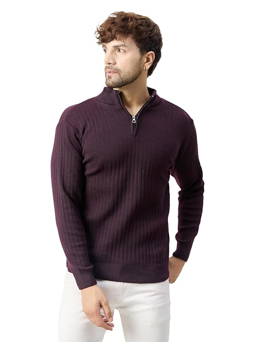 Kvetoo Men High Neck Zipper Full Sleeve Woolen Winter Sweater